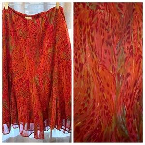 Chico's Red Abstract Paisley Swirl Printed Silk Chiffon  A-Line Skirt